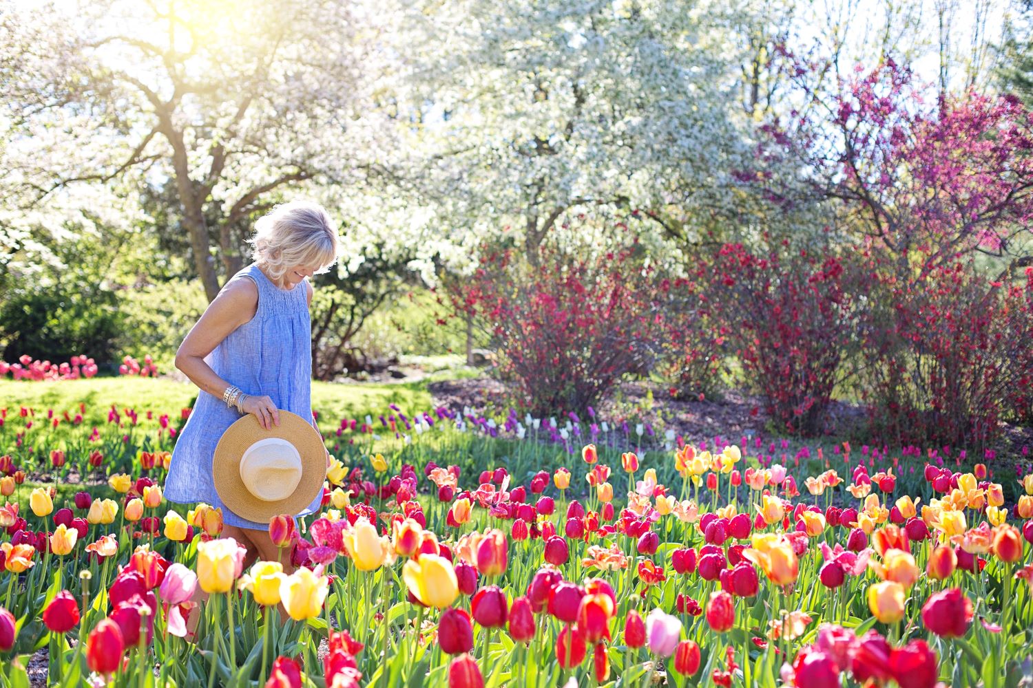 woman is happy among beautiful flowers